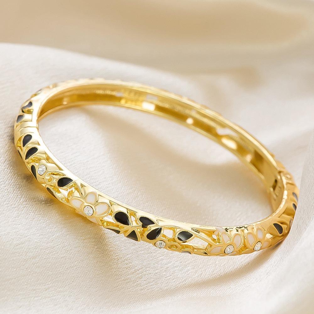 New Colorful Enamel Floral Bangle Chinese Style Handmade Open Cuff Bracelet Gold Plated Elegant Diamond Bangle Women