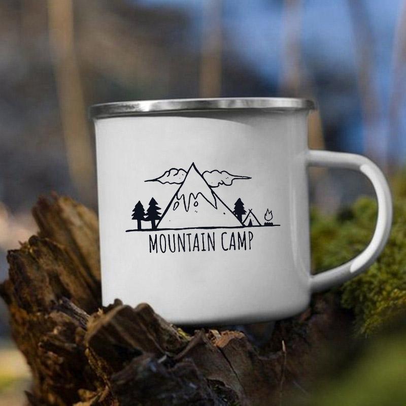 Mountain Camping Adventure Print Enamel Creative Coffee Water Milk Cups Camping Mugs Handle Drinkware Vacation Hiking Mug Gifts