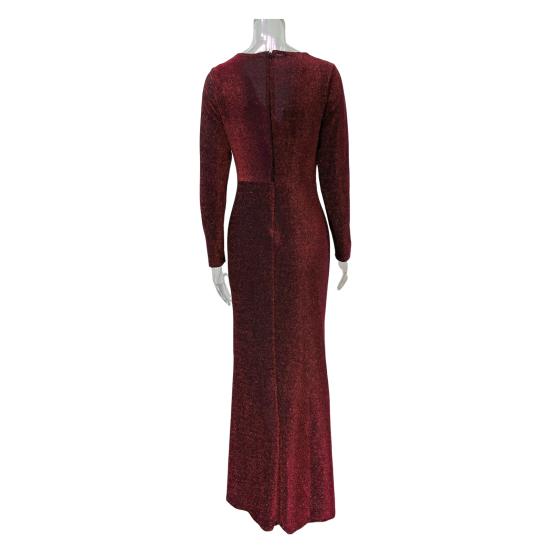 Женское вечернее платье с глубоким V-образным вырезом, декором из пайеток, длинными рукавами, эластичным поясом, плиссированным разрезом по низу, однотонное, для торжественных случаев, свадебных вечеринок, выпускного вечера, макси-платье