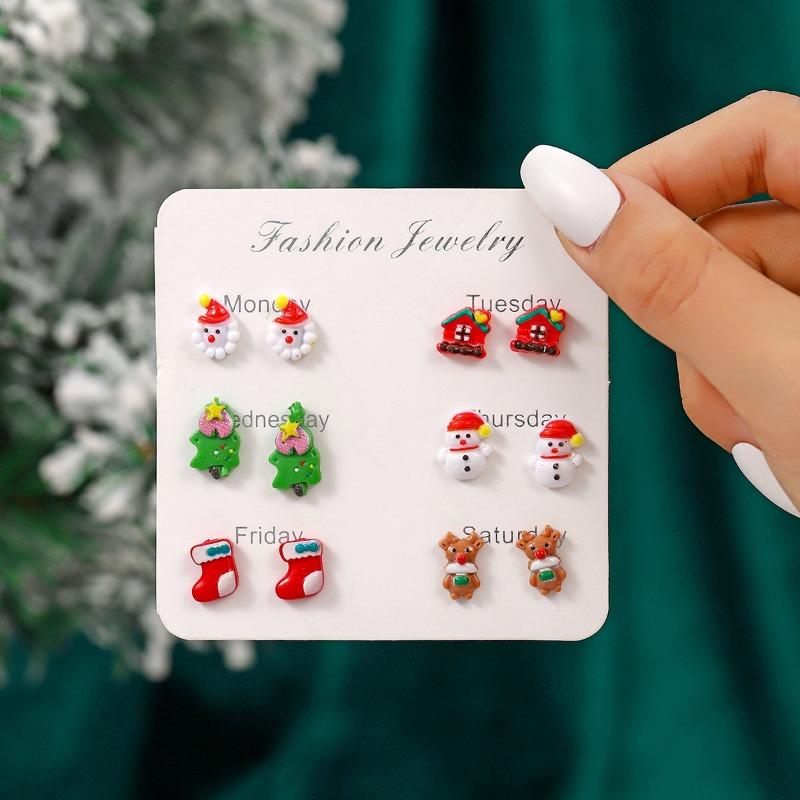 Hot Christmas New Products Santa Claus Snowman Elk Creative Cute Cartoon Stud Earrings Combination Resin