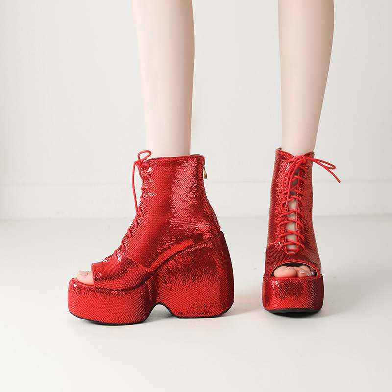 Krazing Pot Блестящая ткань весна лето размер 43 размер 42 женские платформы женские открытый носок сексуальные летние сапоги на шнуровке туфли-лодочки