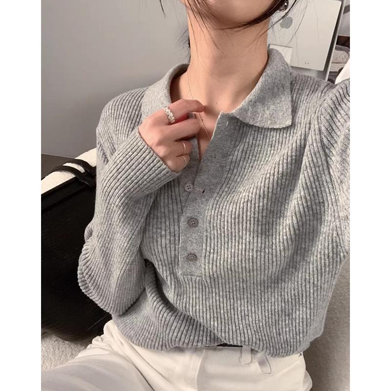 Южная Корея шикарная осень простая элегантная поло воротник полосатый универсальный утягивающий однотонный длинный рукав мягкий клеевой трикотаж