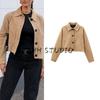 Autumn New Women Clothes Long Sleeve Lapel Simple Button Decoration Leather Crop Jacket Outerwear 4720200