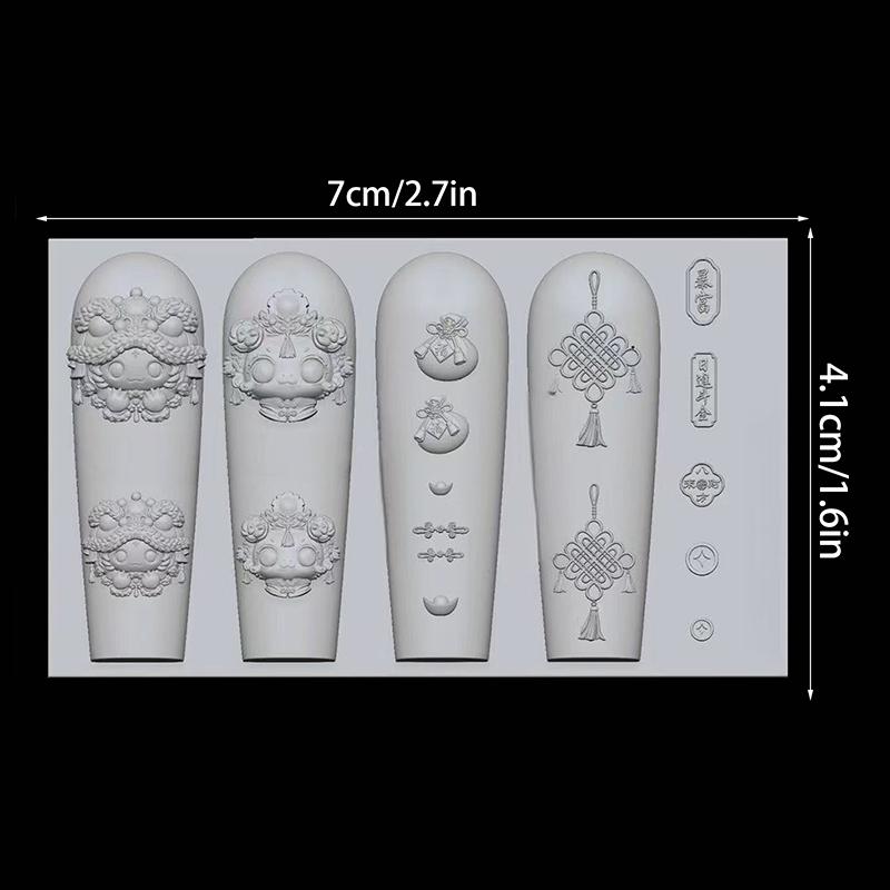 Китайский Новый год 3D Силиконовая Форма для Ногтей Пробудившийся Лев Милый Медведь Резьба DIY Маникюр Дизайн Ногтей Салон Шаблон Аксессуар