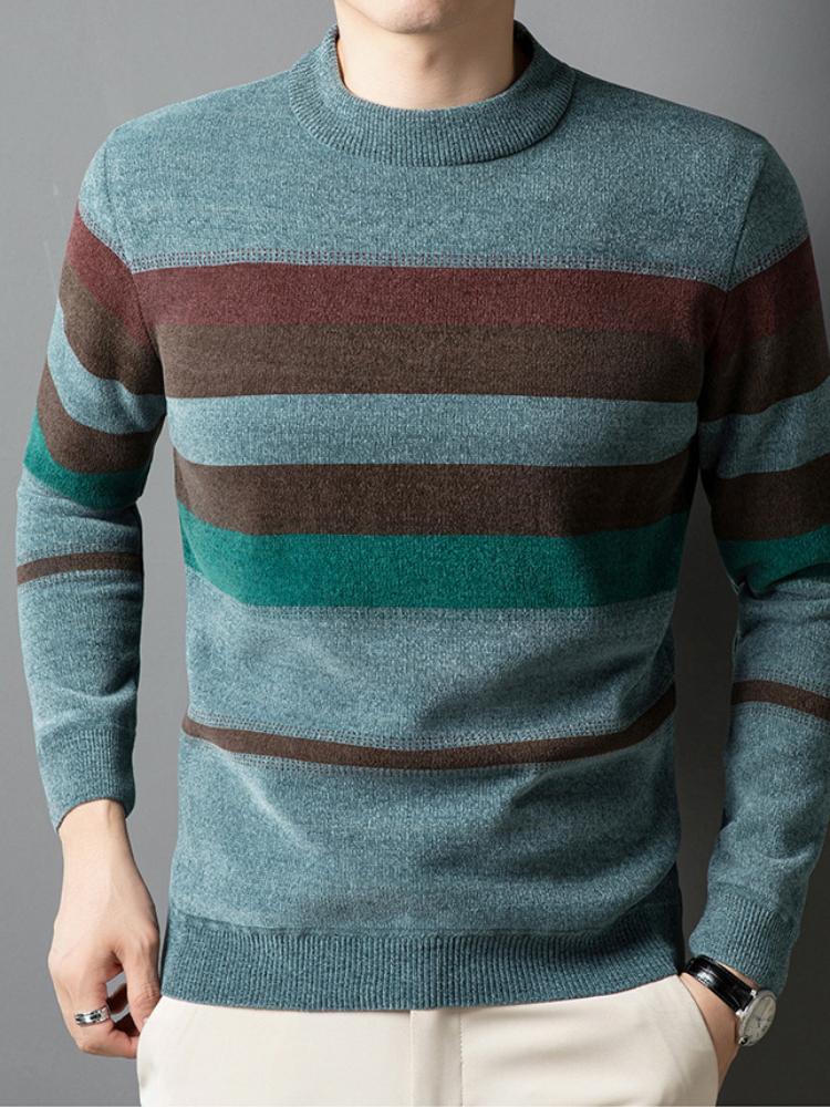 Зимний полосатый свитер с круглым вырезом для мужчин - повседневный свитер из смеси полиэстера, средней эластичности, с длинными рукавами и ребристой вязкой, теплый свитер стандартного кроя