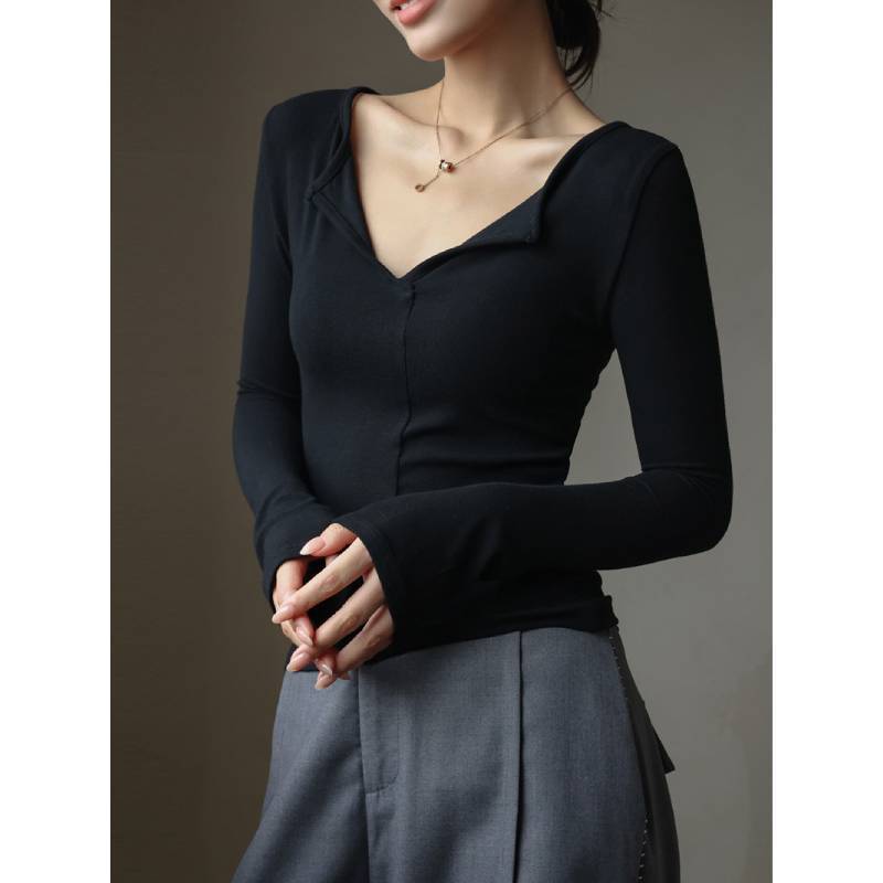 Minimalist Modale V Neck T Shirt For Women With Snake Bone Pattern For Autumn Winter Casual Wear