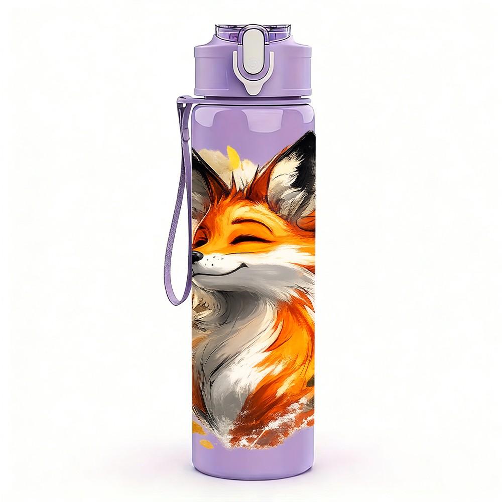 1PC Half Face Vivid Fox Pattern 750ml Color Plastic Sports Water Bottle Leakproof Flip Straw Lid Suitable for Sports Office Home Use