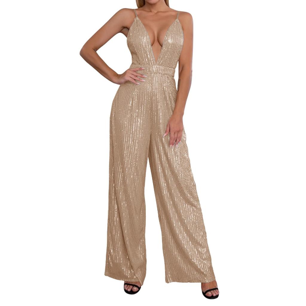 Женский модный повседневный комбинезон с V-образным вырезом, открытой спиной, без рукавов, с пайетками, однотонный