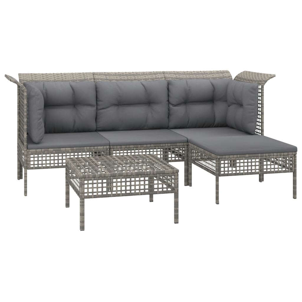 5 Piece Garden Lounge Set with Cushions Grey Poly Rattan