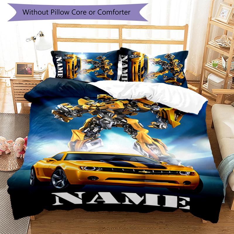 3pcs Custom Name Cartoon Optimus Prime & Bumblebee Bedding Set Duvet Cover Closure Includes 1 Duvet Cover & 2 Pillowcases for All Seasons Bedroom Deco
