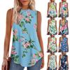Women's Round Neck Retro Flower Print Vest Versatile Loose Hem Sleeveless T-Shirt Top