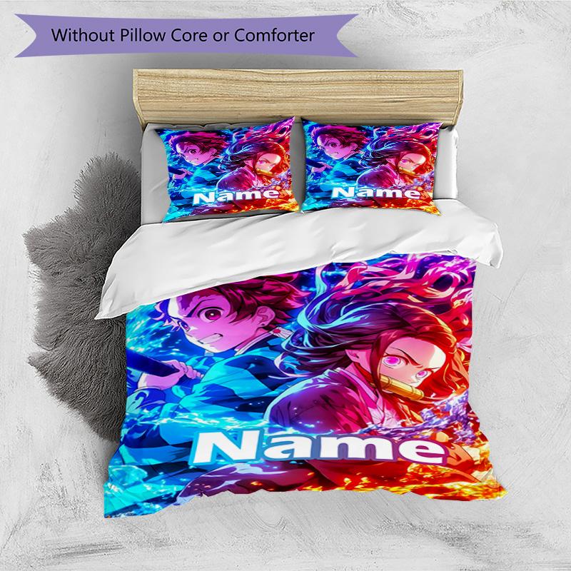 3pcs Duvet Cover Set (1*Duvet Cover + 2*Pillowcase, Without Core), Custom Name Demon Slayer Pattern Bedding Set, Home Bedroom Decor Gift