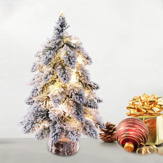 Мини-елочное украшение, искусственный снег, флокированная рождественская елка, светящаяся сосна с деревянной основой для украшения праздников в помещении и на открытом воздухе