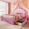 Children's Bed 140x200 Girls Crown Single Bed with Adjustable Headboard, LED Strip, Slatted Frame and 2 Drawers, PU Leather (without Mattress), Pink
