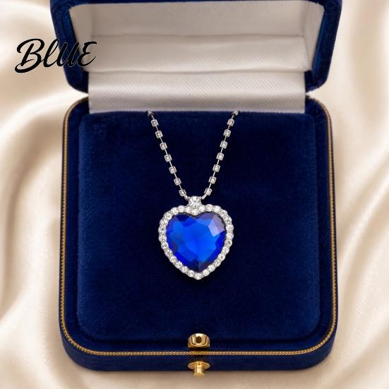 Blue Gemstone Pendant Heart Necklace Faux Diamond Sparkly Romantic Light-reflecting