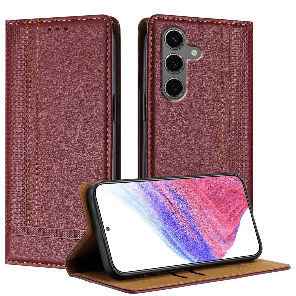 For Samsung Galaxy S25+ Case L-Shaped Grid Pattern Leather Stand Phone Cover with Card Slots