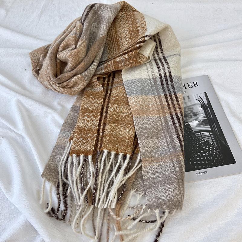 Scarf For Women, Autumn And Winter, High-End Feeling, Imitation Cashmere Plaid Tassel Shawl, Student Thick And Warm Scarf