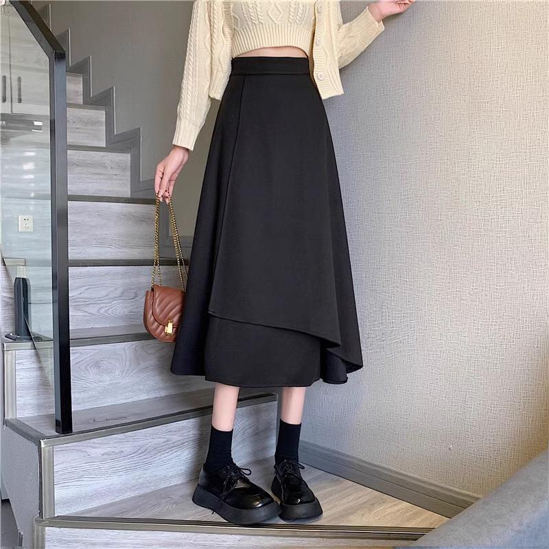 Women's Black A-Line Skirt: Spring, High-Waist, Medium To Long, Irregular Hem, Large Size, Korean Style, Hip-Covering, Flared Umbrella Design.