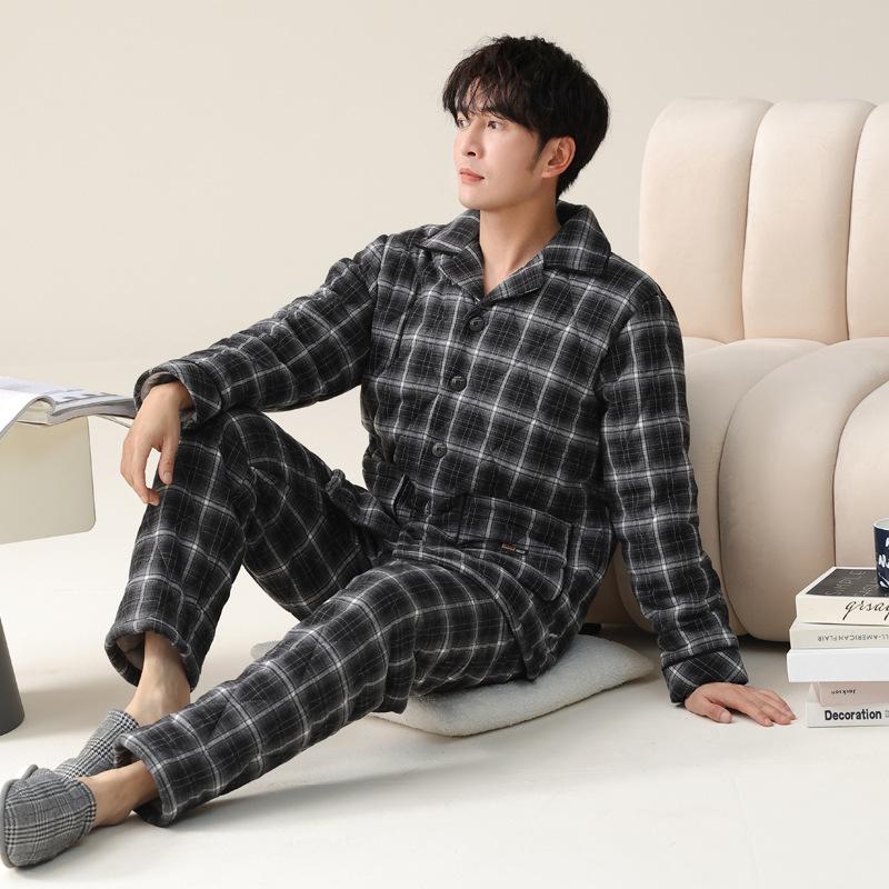 Pajamas Men'S Winter Three-Layer Pure Cotton Padded Thickened Fleece Warm Winter Coral Fleece Large Size Loungewear Set