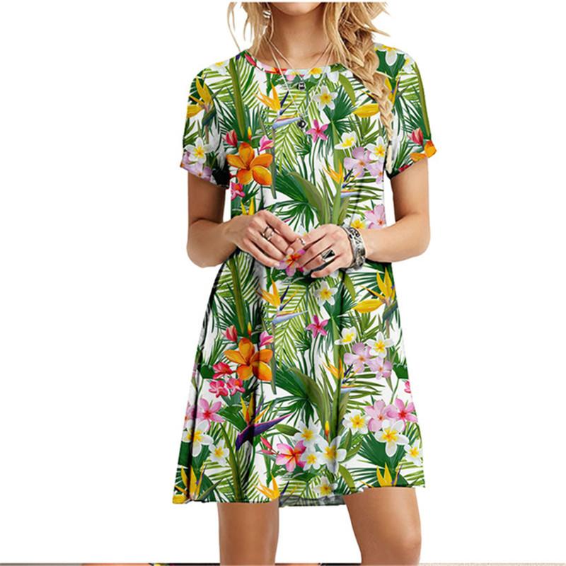 3D Green Leaves Floral Printed Dress For Women Summer Loose Casual Short Sleeve O-Neck Dress