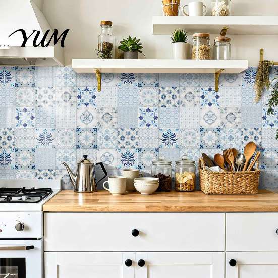 Removable Tile Stickers for Bathroom 24Pcs Peel And Stick Backsplash Tile, Retro Blue PVC Kitchen Backsplash, Decorative Wall Rental Friendly