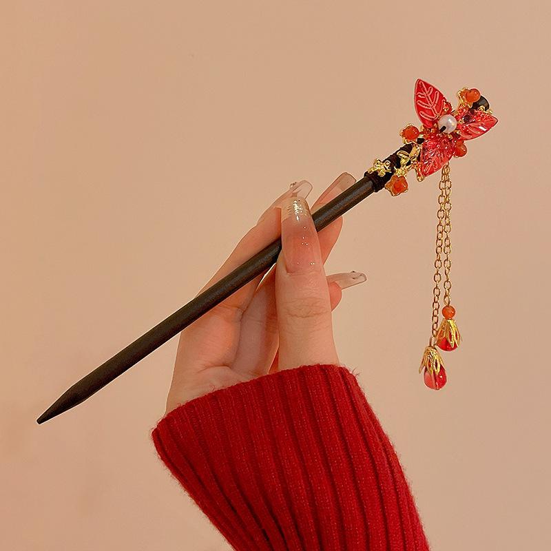 Традиционная китайская красная заколка для волос с кисточкой в виде цветка для ханьфу и ципао
