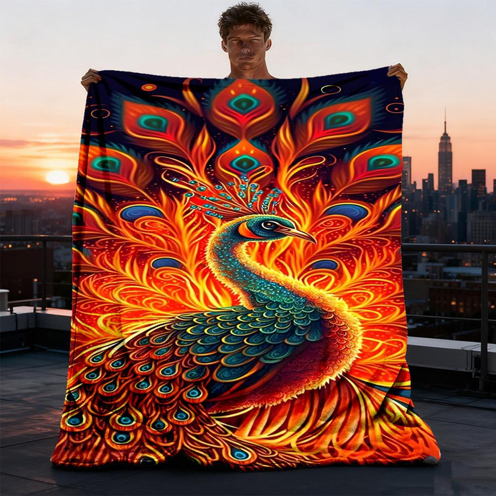 1pc Peacock Feather Print Print Outdoor Blanket, Lightweight Polyester,