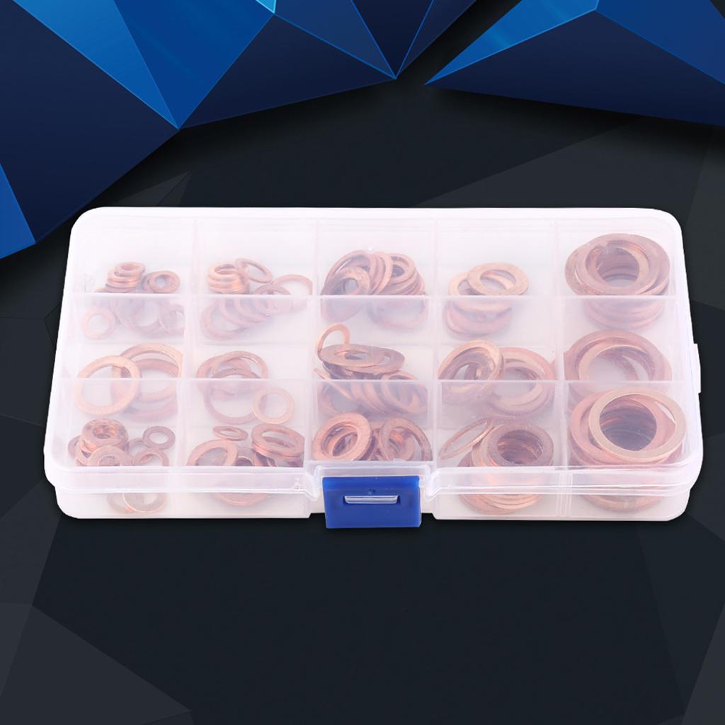 Набор медных плоских шайб-прокладок, 150 шт., 15 размеров, метрические, в коробке