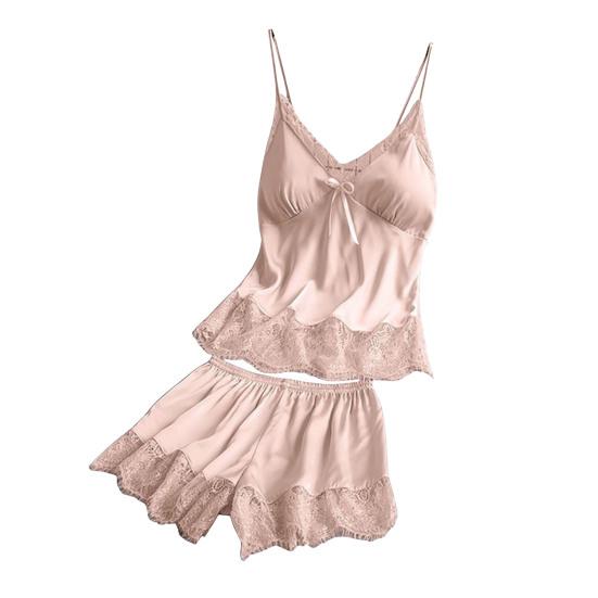 Women's Satin Pajamas Set Lace And Shorts Two Cami Top Piece Sleepwear with Built-in Bra Sexy