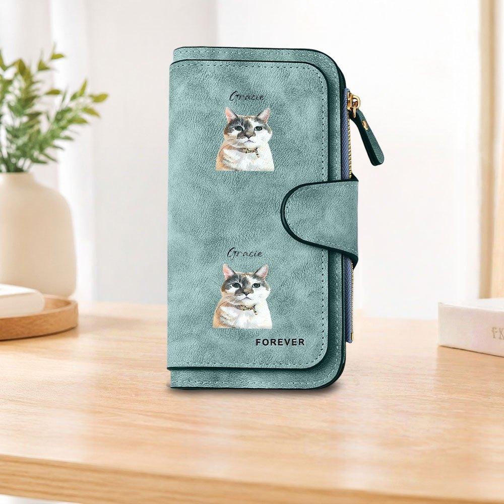 Three colored cat print long zipper wallet large capacity card holder unisex clutch bag stylish zippered coin purse suitable for daily commute work
