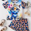 Комплект из 2 предметов для девочек с ярким тигровым принтом — комплект с короткими рукавами и яркими шортами — повседневная летняя одежда для повседневных приключений