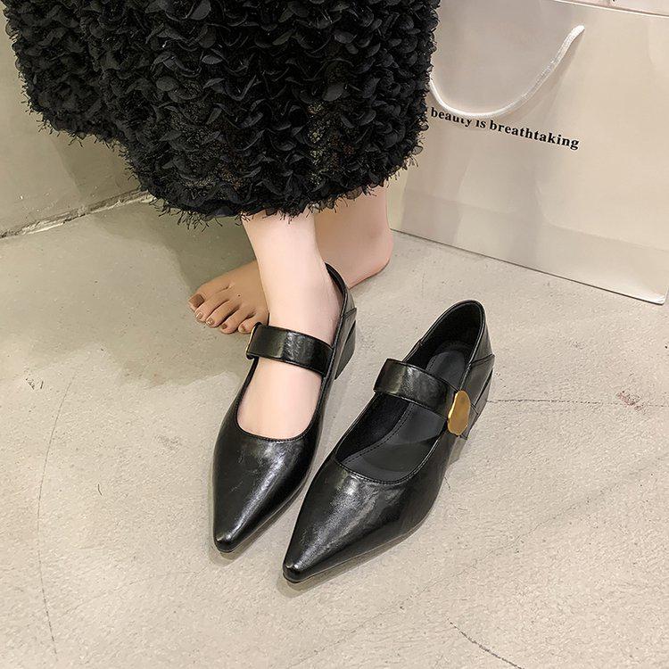 Женские туфли Mary Jane из кожи на толстом каблуке с острым носком, осень 2024 г. - средний каблук, британский повседневный стиль