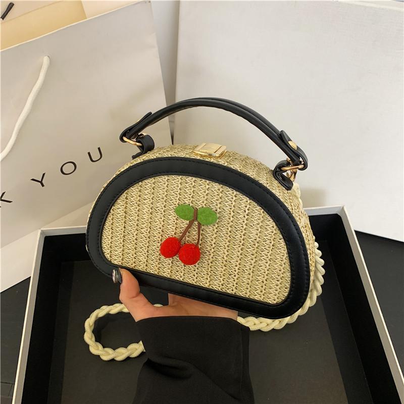 2025 Fashion Design Cherry Pattern Creative Straw Woven Patchwork Small Handbags Cute Crossbody Shoulder Bag Travel Beach Bag