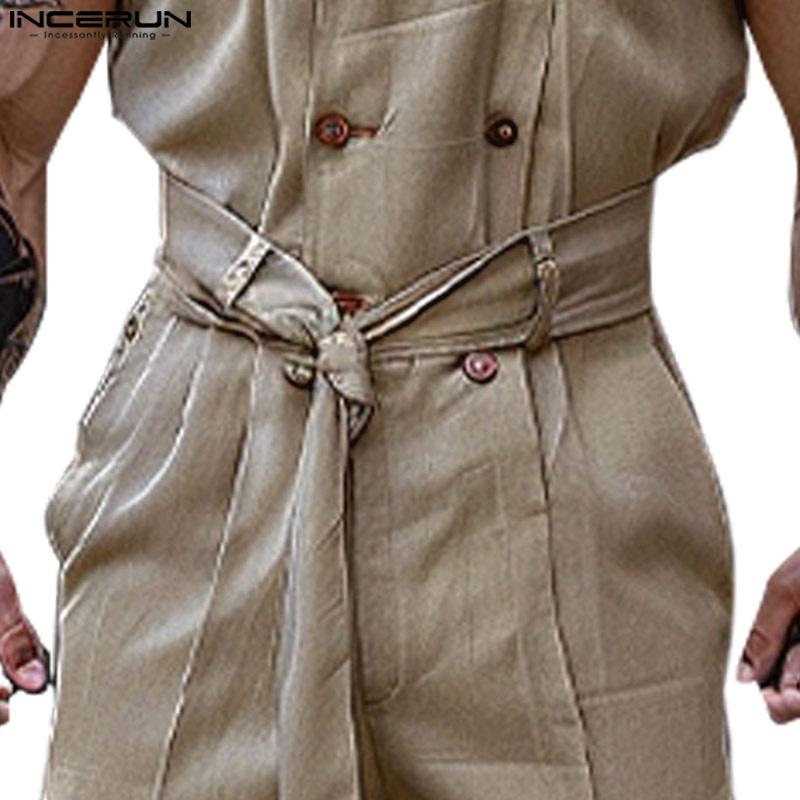 INCERUN Men Lapel Sleeveless Buttons Solid Color Jumpsuits Casual Zipper Long Overslls
