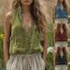 Женская washed linen (стираный лен) майка без рукавов с V-образным вырезом, карман на груди, на пуговицах, свободная, повседневная, бохо