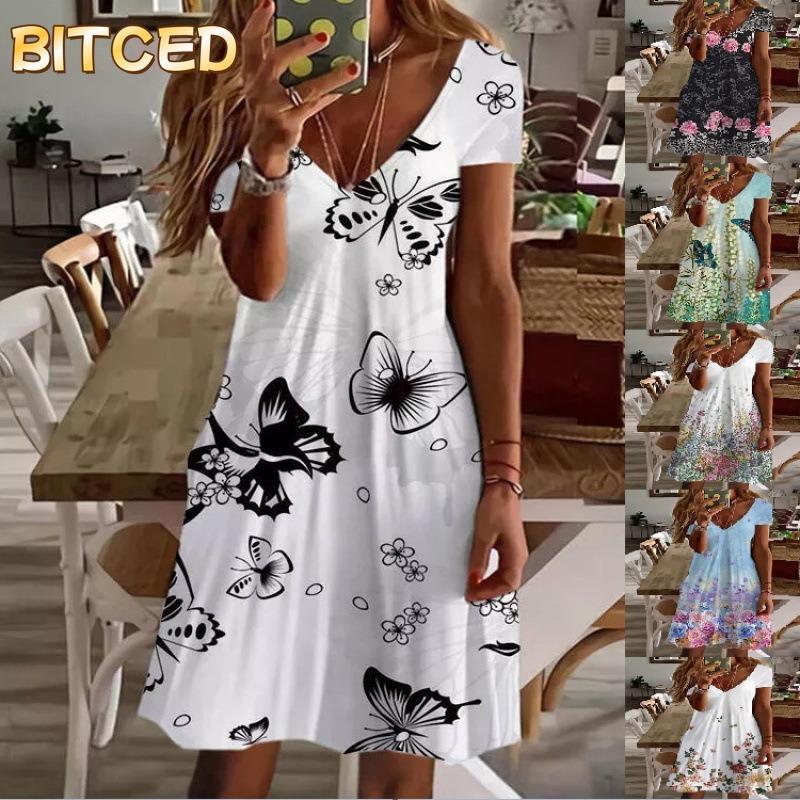 BITCED Модные летние весенние повседневные платья с коротким рукавом и V-образным вырезом