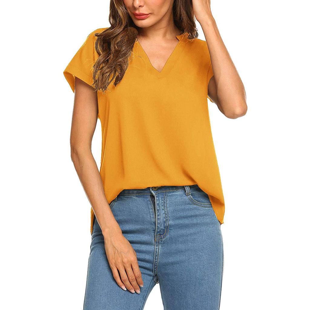 Модная женская летняя футболка с коротким рукавом и v-образным вырезом, шифоновая блузка, однотонная