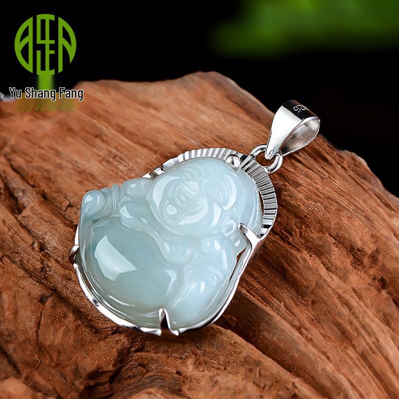 Подвеска-ожерелье из стерлингового серебра 925 пробы с жадеитом в виде Будды Майтреи с улыбающимся лицом