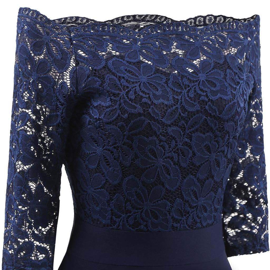 Women Vintage Swing Dress Floral Lace Bodice Off Shoulder Bardot Sheer 3/4 Sleeve Fit and Flare Cocktail Evening Party Going Out Wear Occasion Outfits