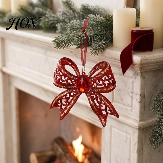 Gold Edged Bow Ornaments Acrylic Faux Crystal Christmas Ornament, Sparkly Hollow Decorative Bows for Garlands Knot Hanging Decoration Home New