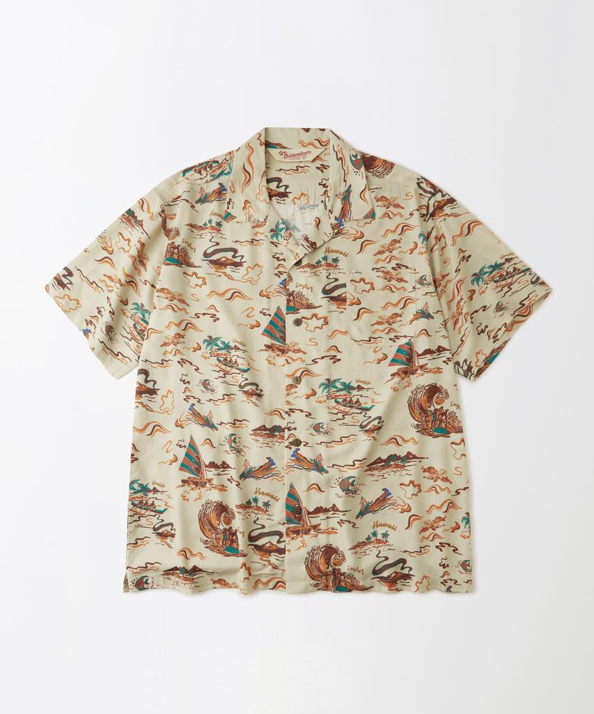 OUTSTANDING Hawaiian Open Collar Half Shirt Surfing_Beige