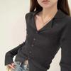 Chic Polo Lapel Knitted Sweater Spring Waist Thin Spice Girl Style Long-sleeved Sweater Temperament Top
