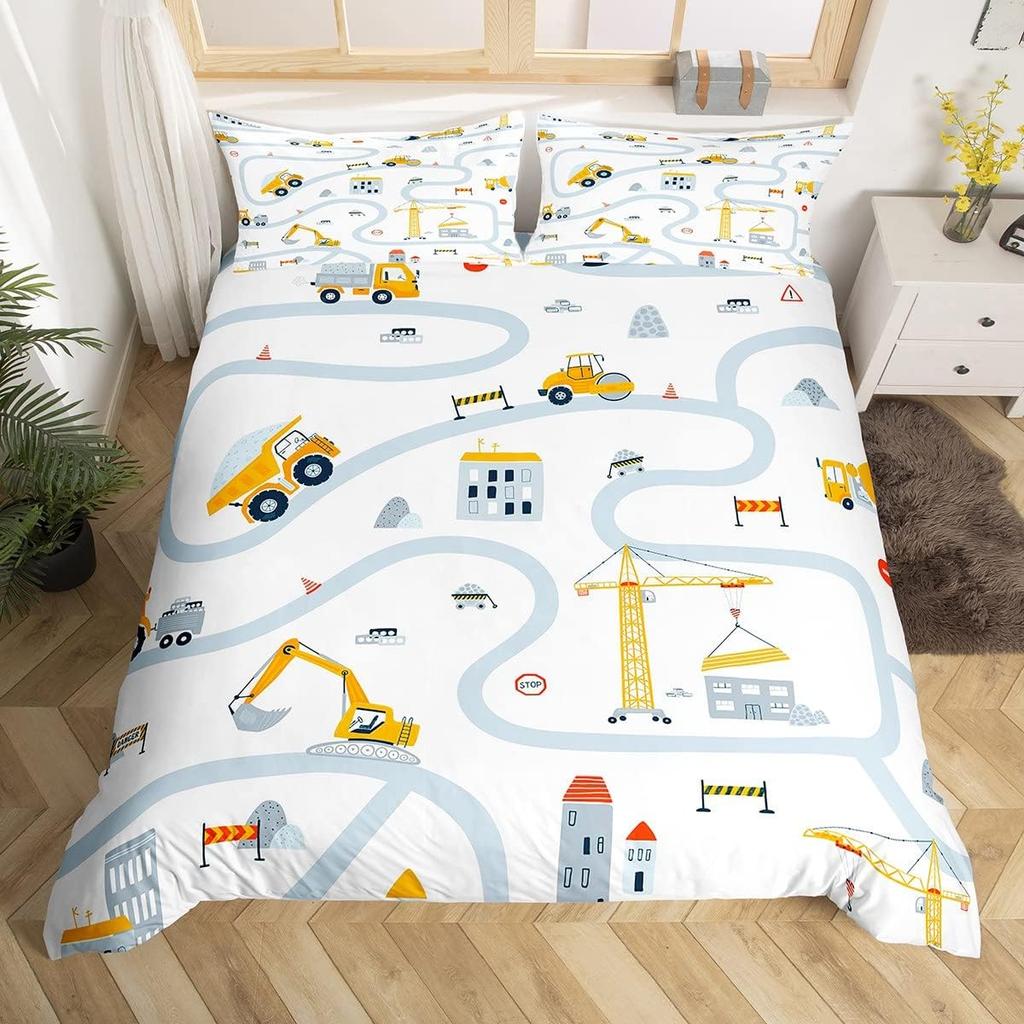 Мультяшные Машины Пододеяльник Односпальный Двуспальный Набор Постельного Белья Городские Дороги Нарисованный Вручную Грузовик Велосипед Чехол для Одеяла для Мальчиков Подростковая Комната Декор