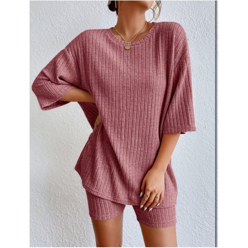 Женский весенне-осенний повседневный комплект однотонного цвета, свободный топ с круглым вырезом + шорты, свежий комплект из двух предметов
