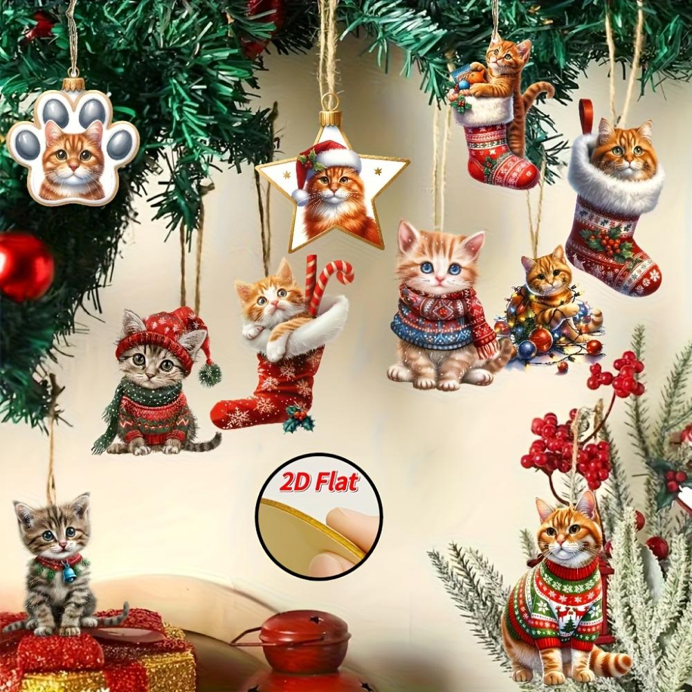 2D Flat Wooden Christmas Cat Pendant 10-piece Set - Holiday Tree Decoration, a Must for Holiday Atmosphere, Suitable for Halloween, Christmas, Gifts