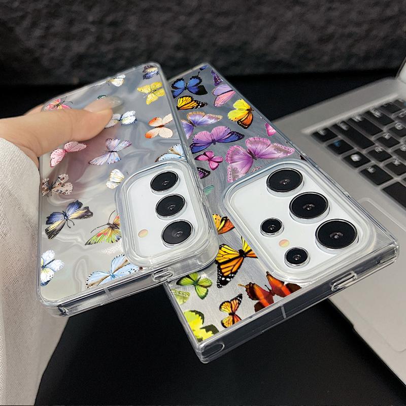Чехол для телефона с рисунком бабочки и перьев для Samsung S25 Ultra S24 FE S23 A56 A36 A16 A55 TPU Soft Edge тонкий противоударный жесткий чехол-бампер из ПК