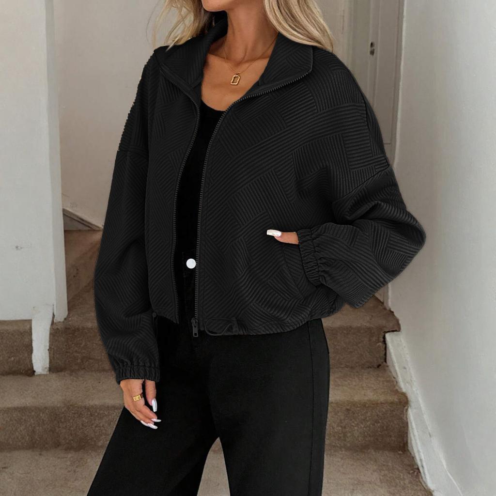 Women's Fashionable Solid Color Long Sleeved High Neck Zipper Hem Drawstring Pocket Loose Baseball Jacket