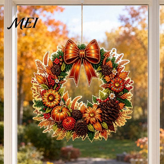 Beautiful Holiday Ornament Fall Pumpkin Sunflower Wreath Hanging Decor, Acrylic Hand Painted Window Ornament, Thanksgiving Halloween Harvest