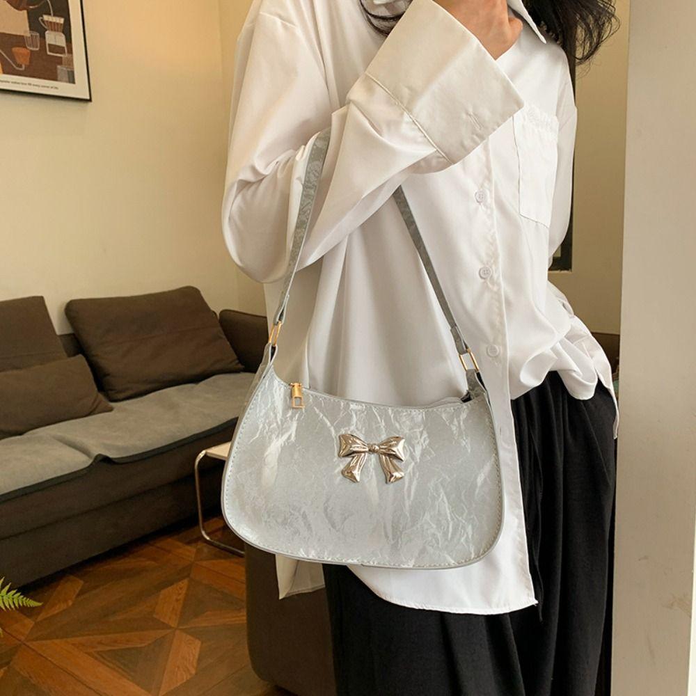 Solid Color Bow Underarm Bag Pu Leather Women's Handbag Fashionable Bowknot Armpit Bag Girls