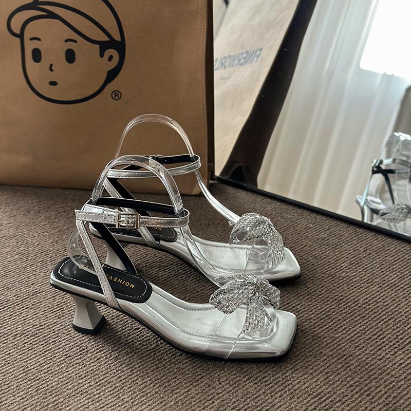 Модные женские босоножки на шпильках, летние, новые, квадратные, с открытым носком, с бриллиантами, с бабочкой и узлом-рюмочкой